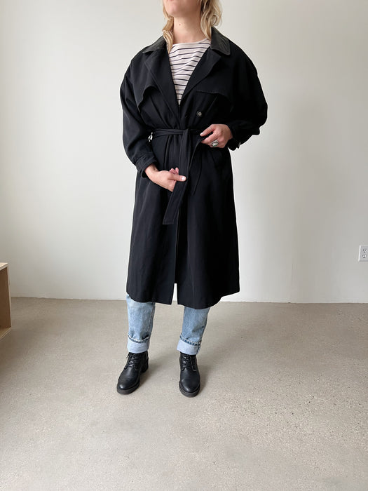 Black Leather Collared Trench Coat | M/L