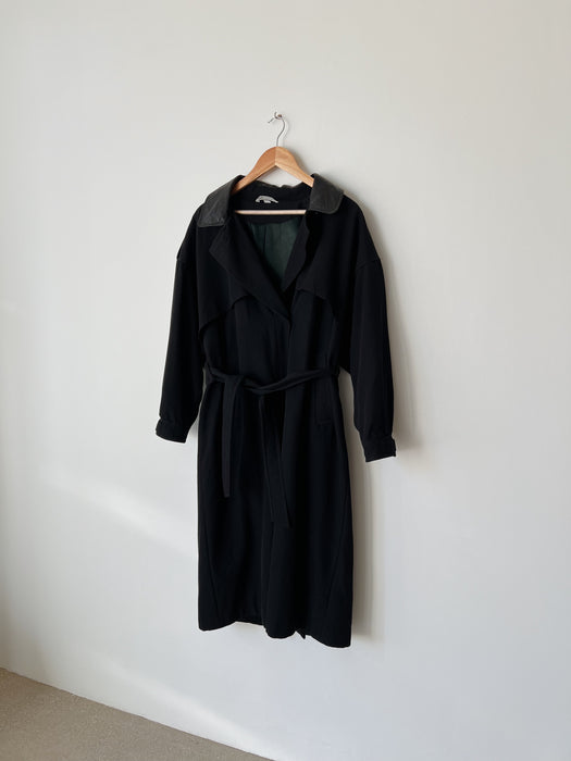 Black Leather Collared Trench Coat | M/L
