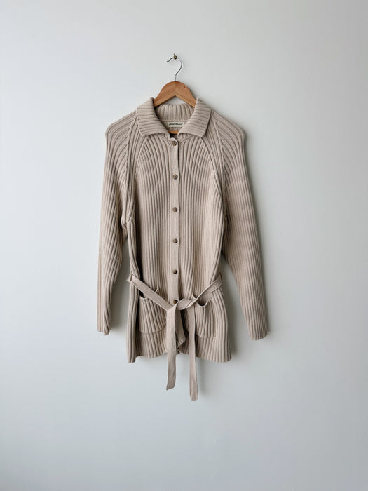Beige Ribbed Knit Cardigan | L