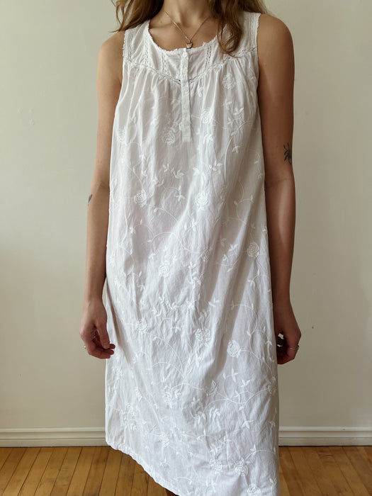 White Cotton Floral Embroidered Dress | M