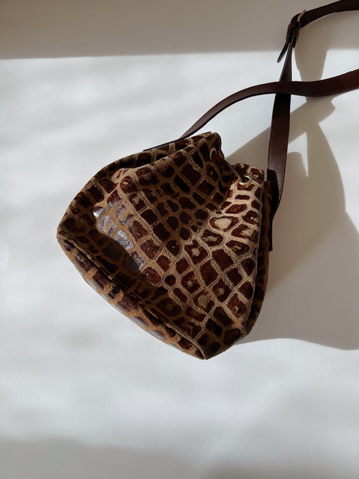 Brown Embossed Leather Bucket Bag