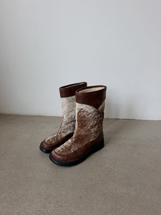 Brown & White Calf Hair Leather Boots | 9