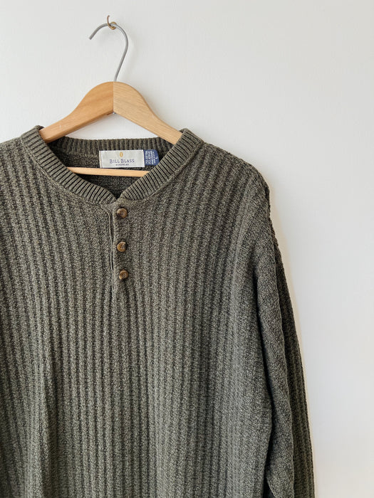 Olive Cotton Henley Sweater | L