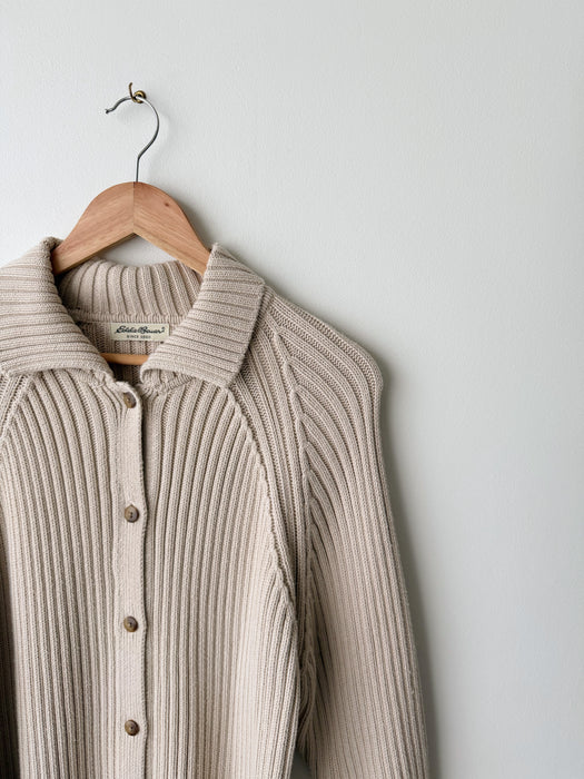 Beige Ribbed Knit Cardigan | L