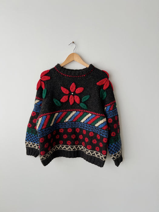 Handknit Floral Sweater | L