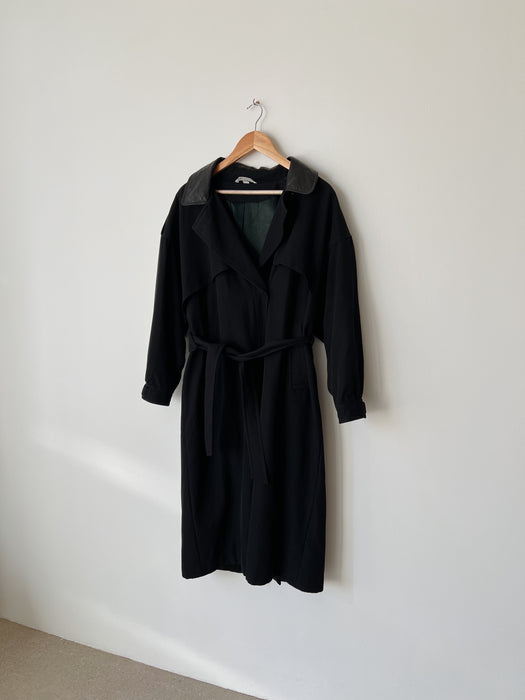 Black Leather Collared Trench Coat | M/L