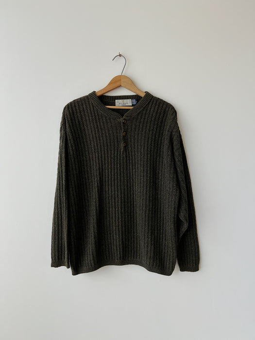 Olive Cotton Henley Sweater | L