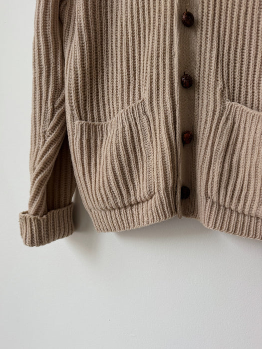 Beige Wool Ribbed Cardigan | L