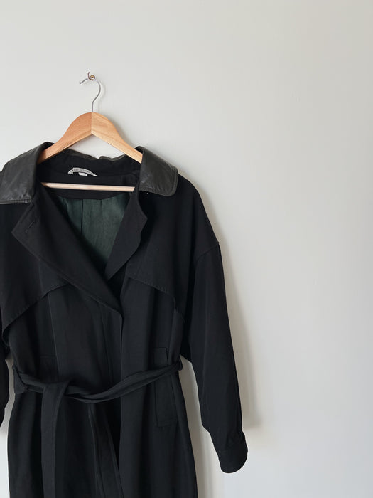 Black Leather Collared Trench Coat | M/L