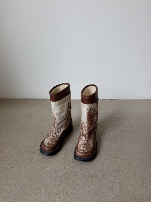 Brown & White Calf Hair Leather Boots | 9