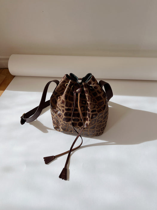 Brown Embossed Leather Bucket Bag