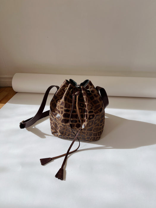 Brown Embossed Leather Bucket Bag