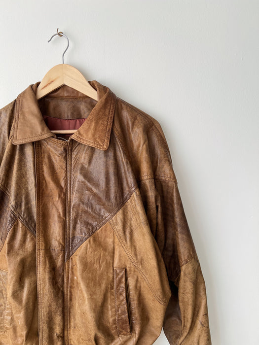 Brown Leather Bomber Jacket | S/M