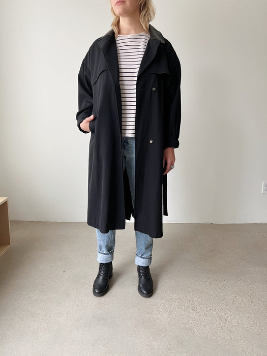 Black Leather Collared Trench Coat | M/L