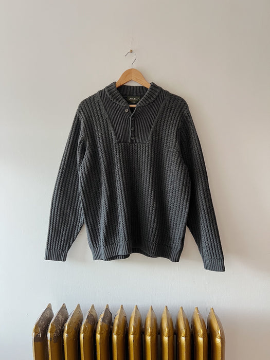 Worn Navy Knit Henley Sweater | L