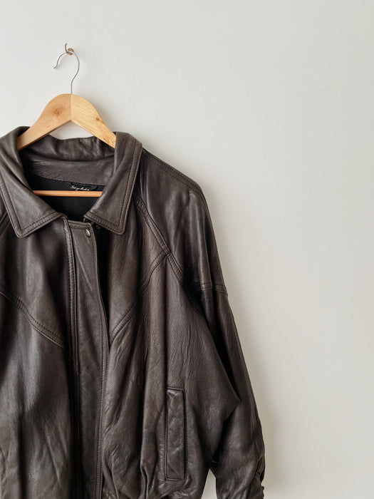 Brown Leather Bomber Jacket | L