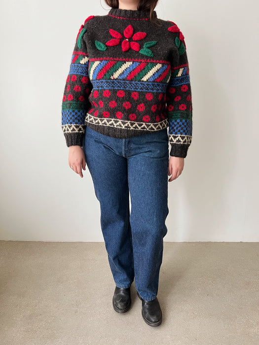 Handknit Floral Sweater | L