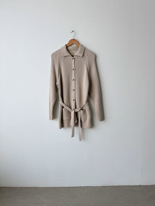 Beige Ribbed Knit Cardigan | L