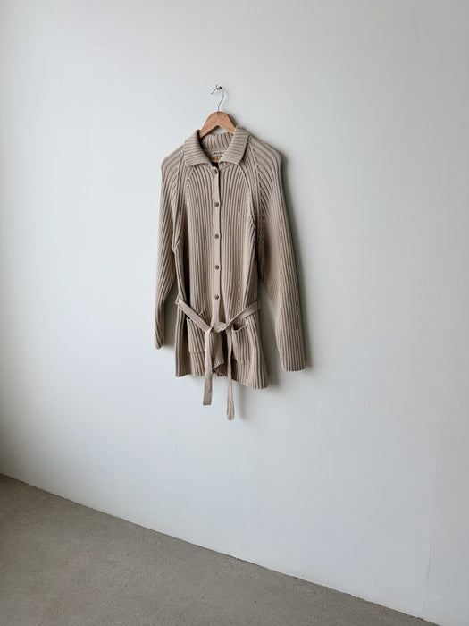 Beige Ribbed Knit Cardigan | L