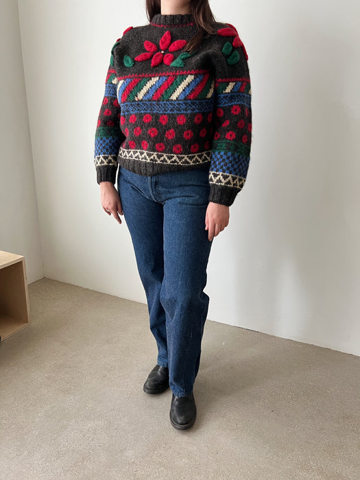 Handknit Floral Sweater | L