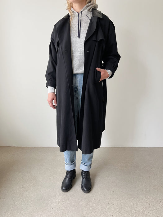 Black Leather Collared Trench Coat | M/L