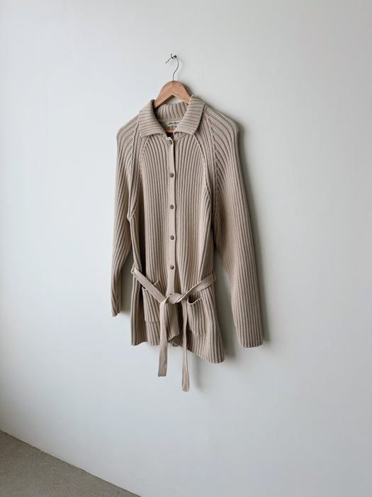 Beige Ribbed Knit Cardigan | L