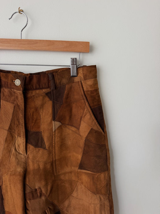 Brown Patchwork Leather Shorts | 30