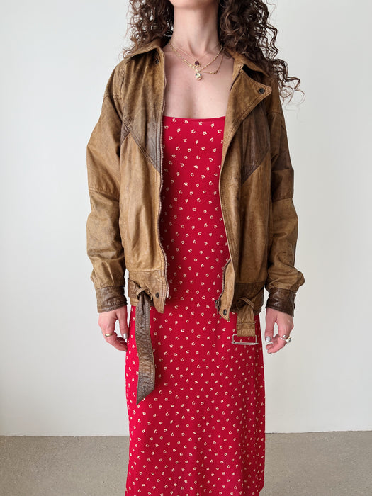 Brown Leather Bomber Jacket | S/M