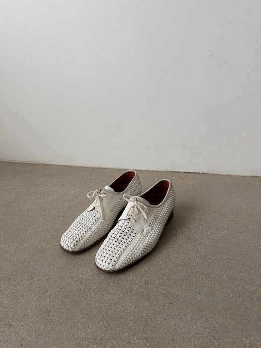 Braided White Leather Oxfords | 10-10.5