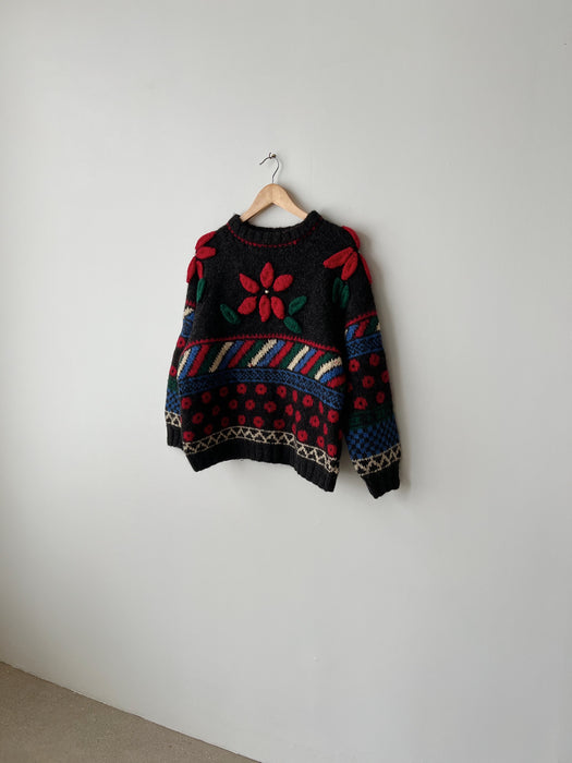 Handknit Floral Sweater | L