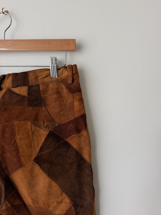 Brown Patchwork Leather Shorts | 30