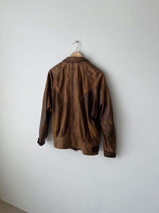 Brown Leather Bomber Jacket | S/M