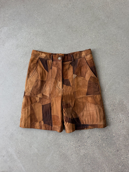 Brown Patchwork Leather Shorts | 30