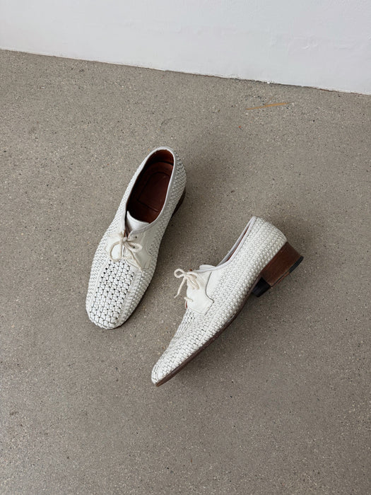 Braided White Leather Oxfords | 10-10.5
