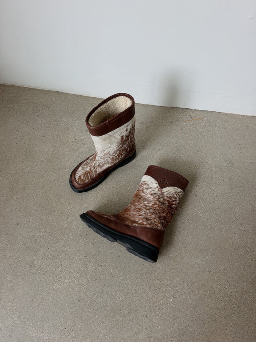 Brown & White Calf Hair Leather Boots | 9