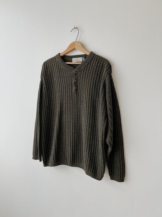Olive Cotton Henley Sweater | L