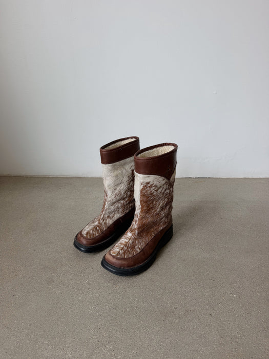 Brown & White Calf Hair Leather Boots | 9