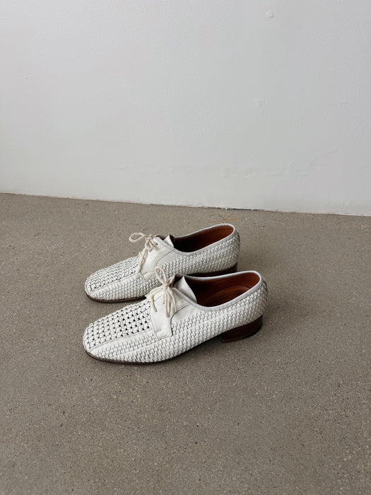 Braided White Leather Oxfords | 10-10.5