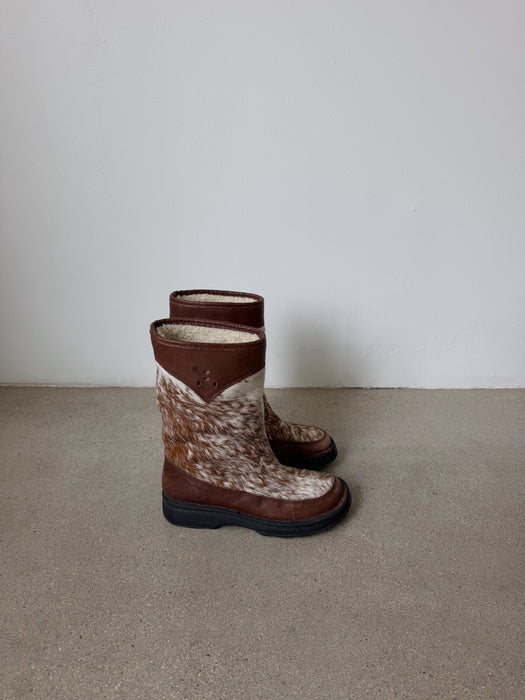 Brown & White Calf Hair Leather Boots | 9
