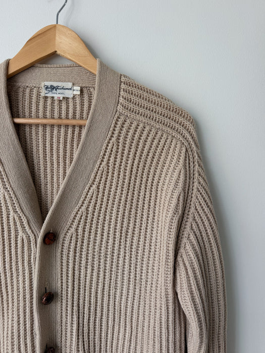 Beige Wool Ribbed Cardigan | L