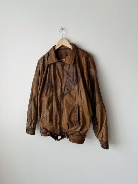 Brown Leather Bomber Jacket | S/M