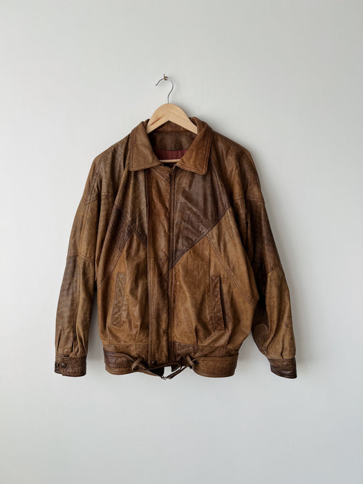 Brown Leather Bomber Jacket | S/M