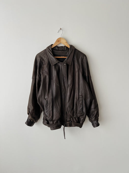 Brown Leather Bomber Jacket | L