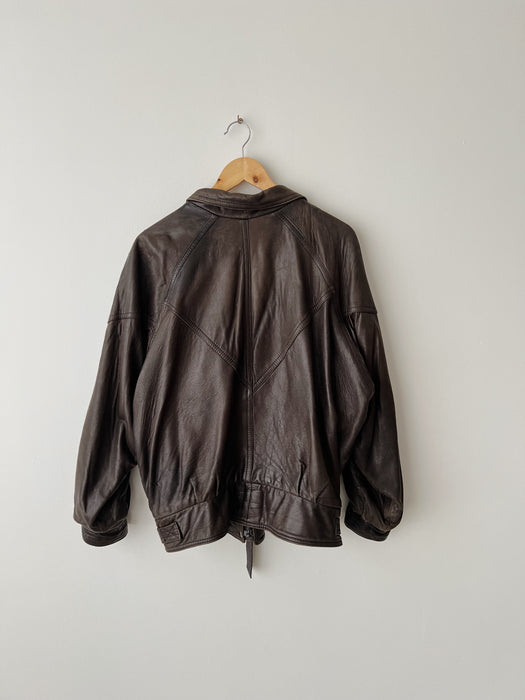 Brown Leather Bomber Jacket | L