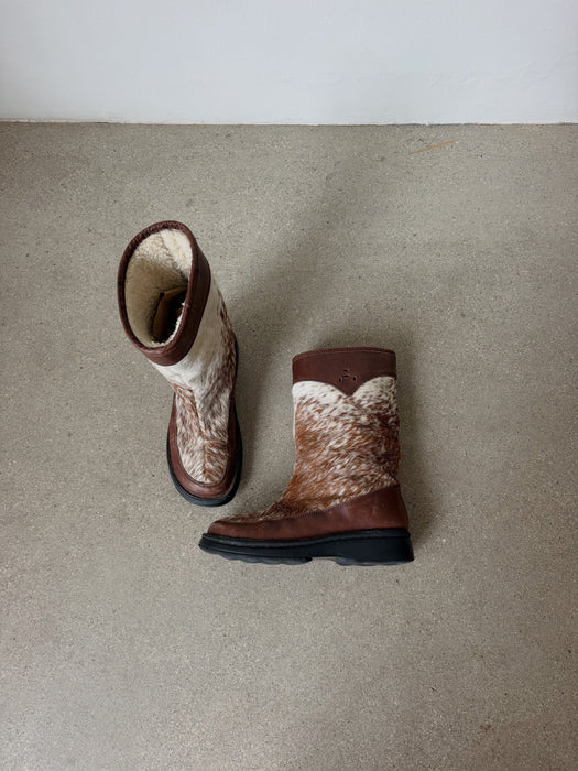 Brown & White Calf Hair Leather Boots | 9