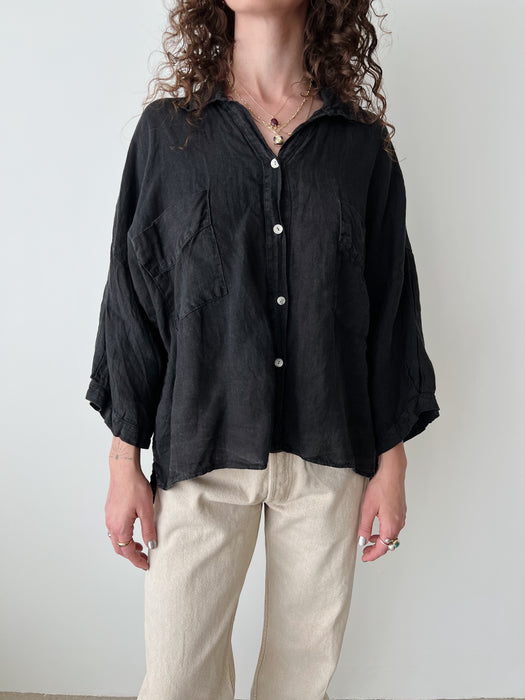 Worn Black Linen Button Up | L