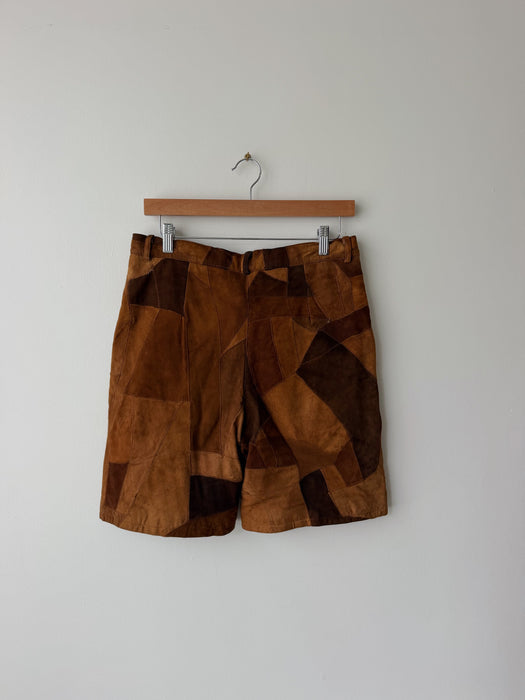 Brown Patchwork Leather Shorts | 30