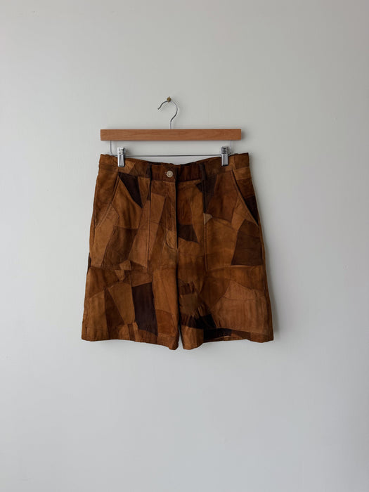 Brown Patchwork Leather Shorts | 30