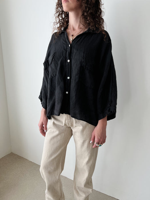 Worn Black Linen Button Up | L